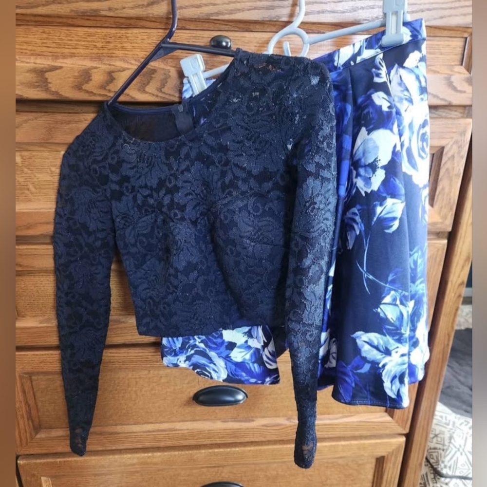 Black Lace Top and Blue Floral Skirt Set